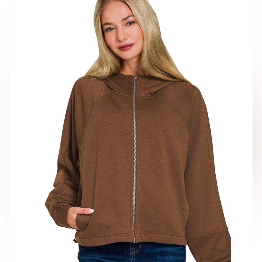 Zenana Outfitters Soft Scuba Chocolate Brown Hoodie & Wide Leg Joggers SET - Picture 3 of 5